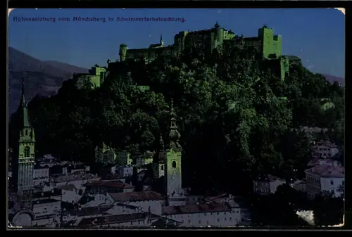 AK Salzburg, Festung Hohensalzburg vom Mönchsberg in Scheinwerferbeleuchtung