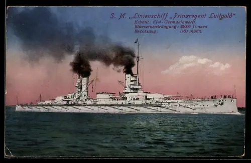 AK Linienschiff S.M.S. Prinzregent Luitpold in Fahrt vor der Küste, Kriegsschiff