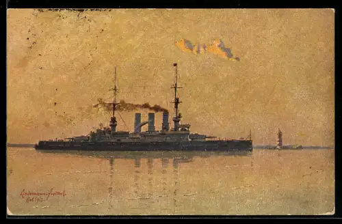 Künstler-AK Linienschiff S.M.S. Hannover am Abend vor der Küste, Kriegsschiff