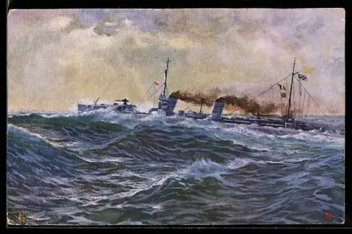 Künstler-AK sign. Karl Matthiessen: Hochseetorpedoboote auf Vorstoss, Kriegsschiff