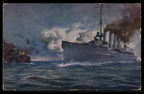 Künstler-AK Hans Rudolf Schulze: Kreuzer Karlsruhe versenkt im Atlantik ein französisches Segelschiff, Kriegsschiff
