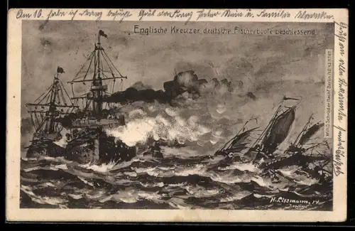 Künstler-AK Englische Kreuzer beschiessen deutsche Fischerboote, Kriegsschiff