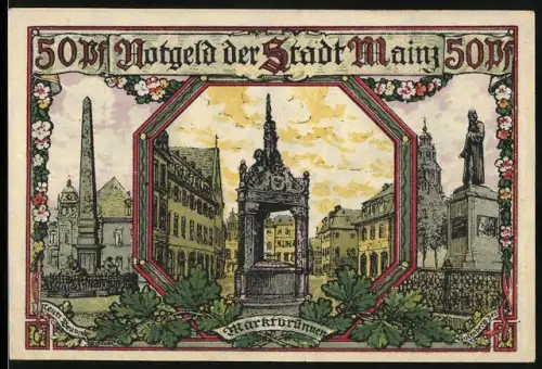 Notgeld Mainz 1921, 50 Pfennig, Marktplatzbrunnen und Dom mit Wappen