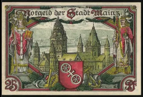 Notgeld Mainz 1921, 25 Pfennig, Ortsansicht mit Dom und Stadtwappen