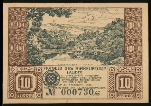 Notgeld Birkenfeld 1921, 10 Pfennig, Landschaft mit Achatschleife im Idartal