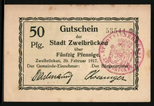 Notgeld Zweibrücken 1917, 50 Pfennig, Wappenstempel und Gutscheintext