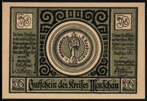 Notgeld Monschau 1921, 50 Pfennig, Stadtwappen und Ortsansicht mit Fachwerkhäusern und Burg