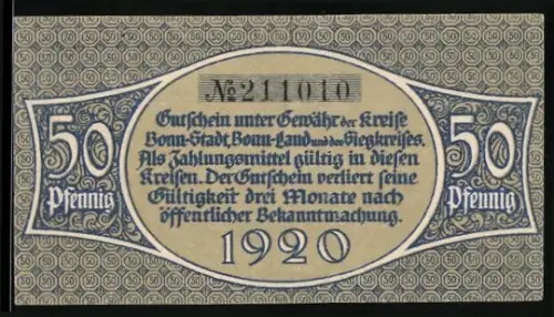 Notgeld Bonn 1920, 50 Pfennig, muskulöse Figuren in antiker Szene