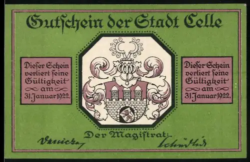 Notgeld Celle 1922, 100 Pfennig, Stadtwappen und Fachwerkhausmotiv