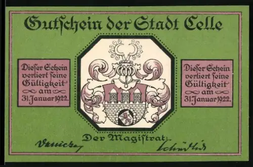 Notgeld Celle 1922, 75 Pfennig, Stadtwappen und Fachwerkhäuser der Schuhstrasse