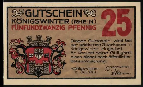 Notgeld Königswinter /Rhein 1921, 25 Pfennig, Stadtwappen und Drachentöter-Motiv