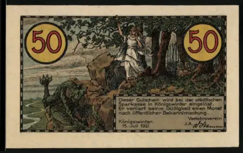 Notgeld Königswinter /Rhein 1921, 50 Pfennig, Frau mit Kreuz und Löwe, Wappen und Burgruine