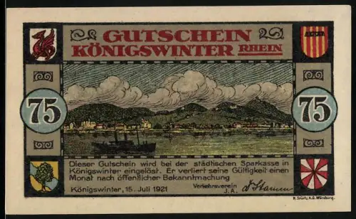 Notgeld Königswinter /Rhein 1921, 75 Pfennig, Landschaft mit Rhein und Wappen mit Burgtor