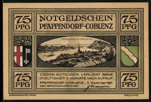 Notgeld Pfaffendorf-Coblenz 1921, 75 Pfennig, Ortsansicht und Kartenmotiv Umgebung von Koblenz