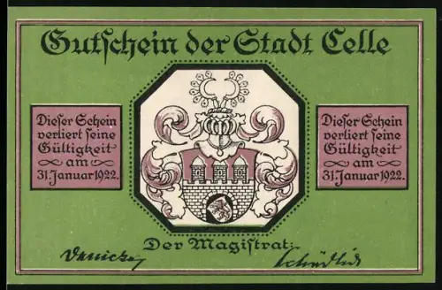 Notgeld Celle 1922, 50 Pfennig, Stadtwappen und Strassenszene mit Bürgerhäusern