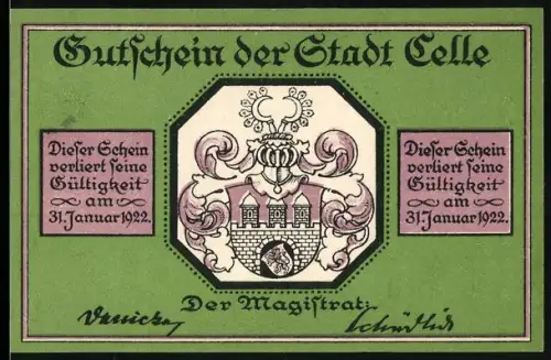 Notgeld Celle 1922, 25 Pfennig, Wappen und Fachwerkhäuser
