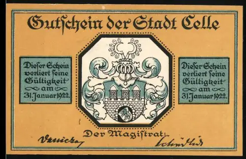 Notgeld Celle 1922, 50 Pfennig, Wappen und Rathausillustration