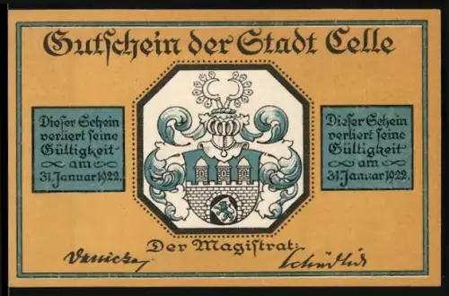 Notgeld Celle 1922, 25 Pfennig, Stadtkirche und Wappen mit Krone und Türmen