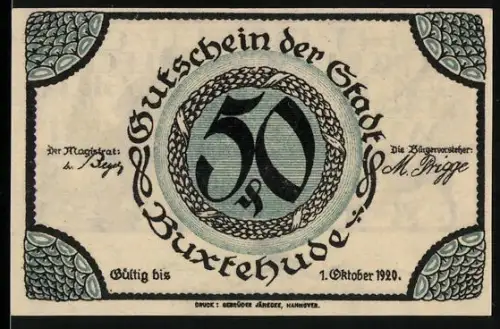 Notgeld Buxtehude 1920, 50 Pfennig, Schmied am Amboss und Spruchband