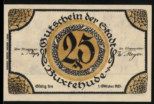 Notgeld Buxtehude 1921, 25 Pfennig, Schmied am Amboss und Spruch in plattdeutscher Schrift