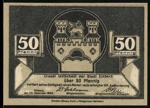 Notgeld Einbeck 1920, 50 Pfennig, Stadtwappen und Kirchenansicht