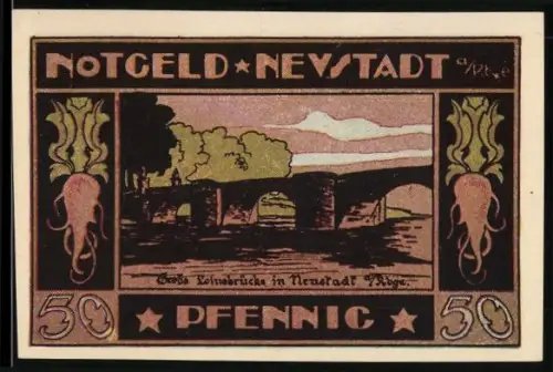 Notgeld Neustadt a. Rbge 1921, 50 Pfennig, Grosse Leinebrücke in Neustadt, Schloss von 1654
