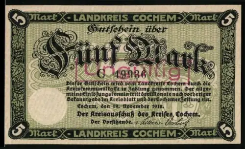 Notgeld Cochem 1918, 5 Mark, Burg Cochem mit Weinlaub-Muster
