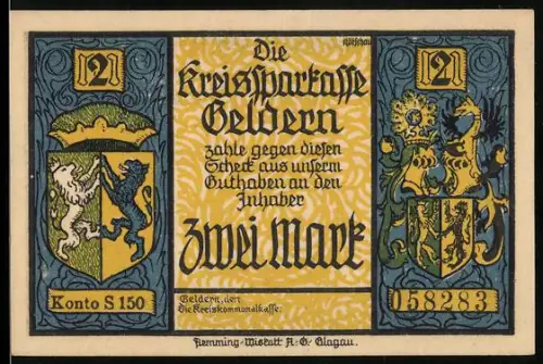 Notgeld Geldern, 2 Mark, Wappen und Drache mit Stadt im Hintergrund