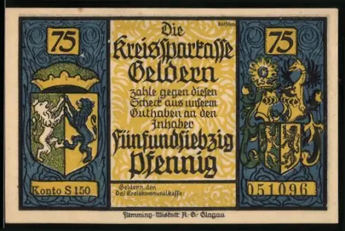 Notgeld Geldern, 75 Pfennig, Wappen und Ritter im Kampf vor Burg