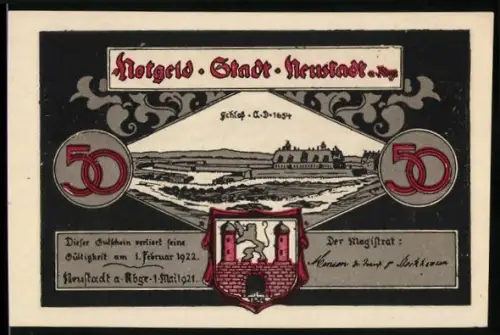 Notgeld Neustadt a. Rbge 1921, 50 Pfennig, Landschaftspanorama mit Schloss und Leinefall, Wappen mit Türmen