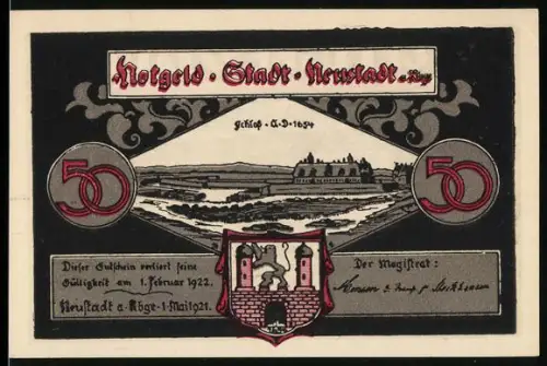 Notgeld Neustadt a. Rbge. 1921, 50 Pfennig, Schlossansicht und Schlossportal