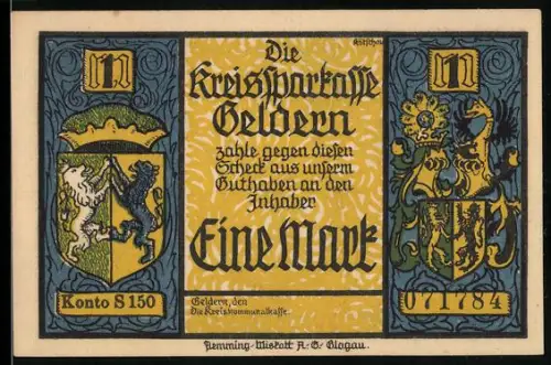 Notgeld Geldern, 1 Mark, Wappen und Ritter im Kampf mit Drachen
