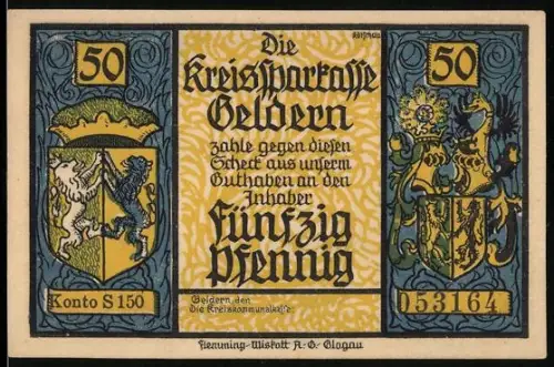 Notgeld Geldern, 50 Pfennig, Wappen und feuerspeiender Drache