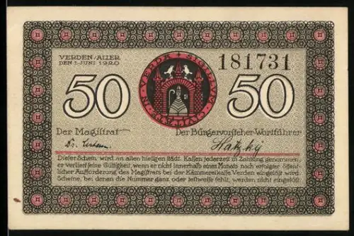 Notgeld Verden /Aller 1920, 50 Pfennig, Stadtsilhouette und Wappen von Verden