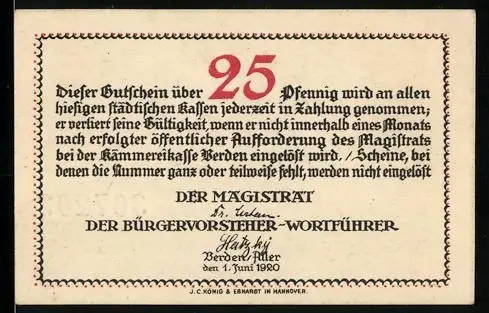 Notgeld Verden 1920, 25 Pfennig, Rathaus und Wappen