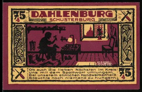 Notgeld Dahlenburg 1921, 75 Pfennig, Schuster in Werkstatt und Stadtwappen
