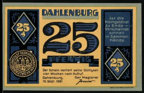 Notgeld Dahlenburg 1921, 25 Pfennig, Kirche und Wappen von Dahlenburg