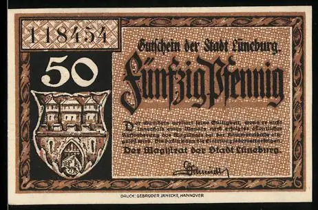 Notgeld Lüneburg, 50 Pfennig, Wappen und Rathausabbildung