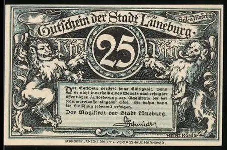 Notgeld Lüneburg, 25 Pfennig, Löwen und historische Gebäude mit Brunnenmotiv