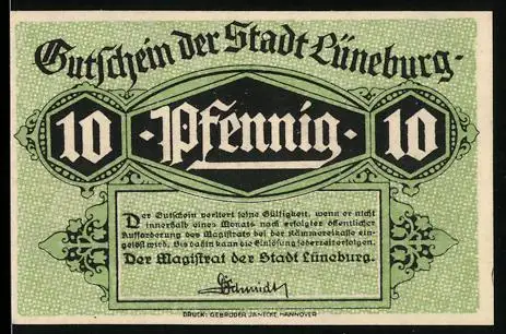 Notgeld Lüneburg, 10 Pfennig, Der alte Kran und historisches Gebäude