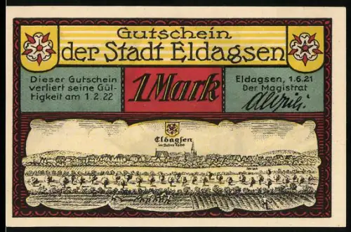 Notgeld Eldagsen 1921, 1 Mark, Ansicht von Eldagsen im Jahr 1600