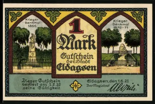 Notgeld Eldagsen 1921, 1 Mark, Kriegerdenkmäler 1866 und 1870-71