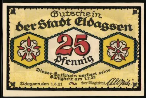 Notgeld Eldagsen 1921, 25 Pfennig, historische Gebäude und dekoratives Design