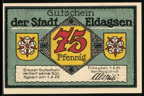Notgeld Eldagsen 1921, 75 Pfennig, Ortsansicht mit Spruch von Herzog Erich von Calenberg