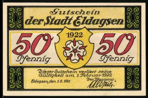 Notgeld Eldagsen 1922, 50 Pfennig, Wappen und Ortsansicht mit Vers