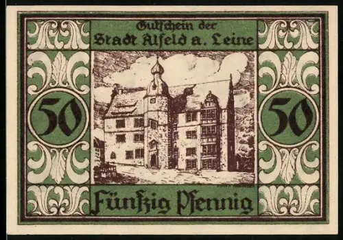 Notgeld Alfeld a. Leine 1921, 50 Pfennig, Rathaus und Bischof mit Wappen