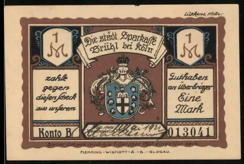 Notgeld Brühl bei Köln 1921, 1 Mark, Ortsansicht im Jahr 1575 und Wappen