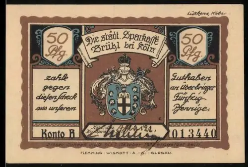 Notgeld Brühl bei Köln 1921, 50 Pfennig, Stadtwappen und historische Marktszene im Jahr 1873