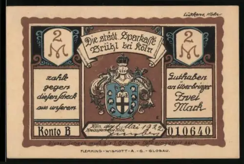 Notgeld Brühl bei Köln 1921, 2 Mark, Wappen und Schloss Falkenlust