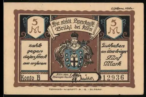 Notgeld Brühl bei Köln 1921, 5 Mark, Wappen und Industriearbeiter mit Fabrikansicht